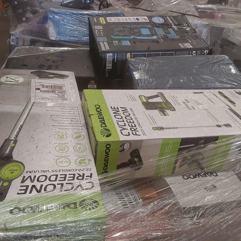 PALLET CONTAINING A VERY LARGE QUANTITY OF ASSORTED ELECTRIC ITEMS INCLUDING: DAEWOO VACUUM CLEANERS, KARAOKE MACHINE ECT