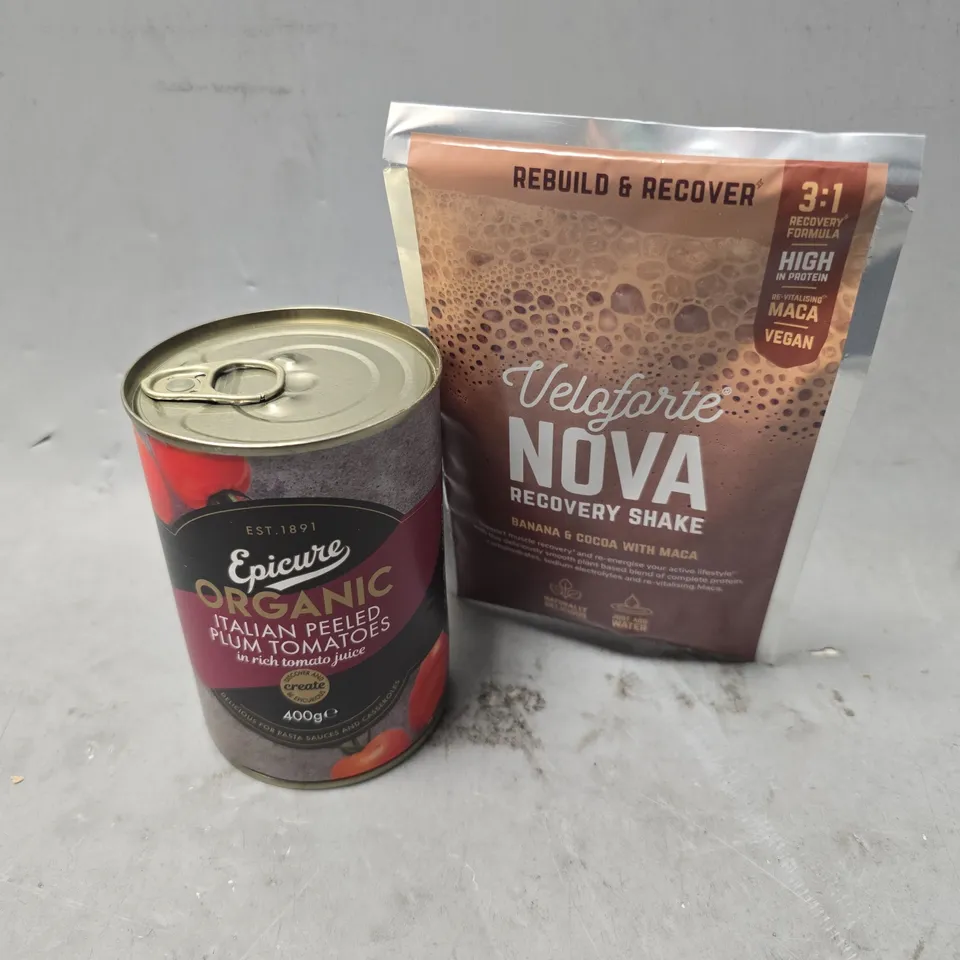APPROXIMATELY 10 ASSORTED FOOD & DRINK ITEMS TO INCLUDE - VELOFORTE NOVA RECOVERY SHAKE , EPICUTE ORGANIC PEELED PLUM TOMATOES 