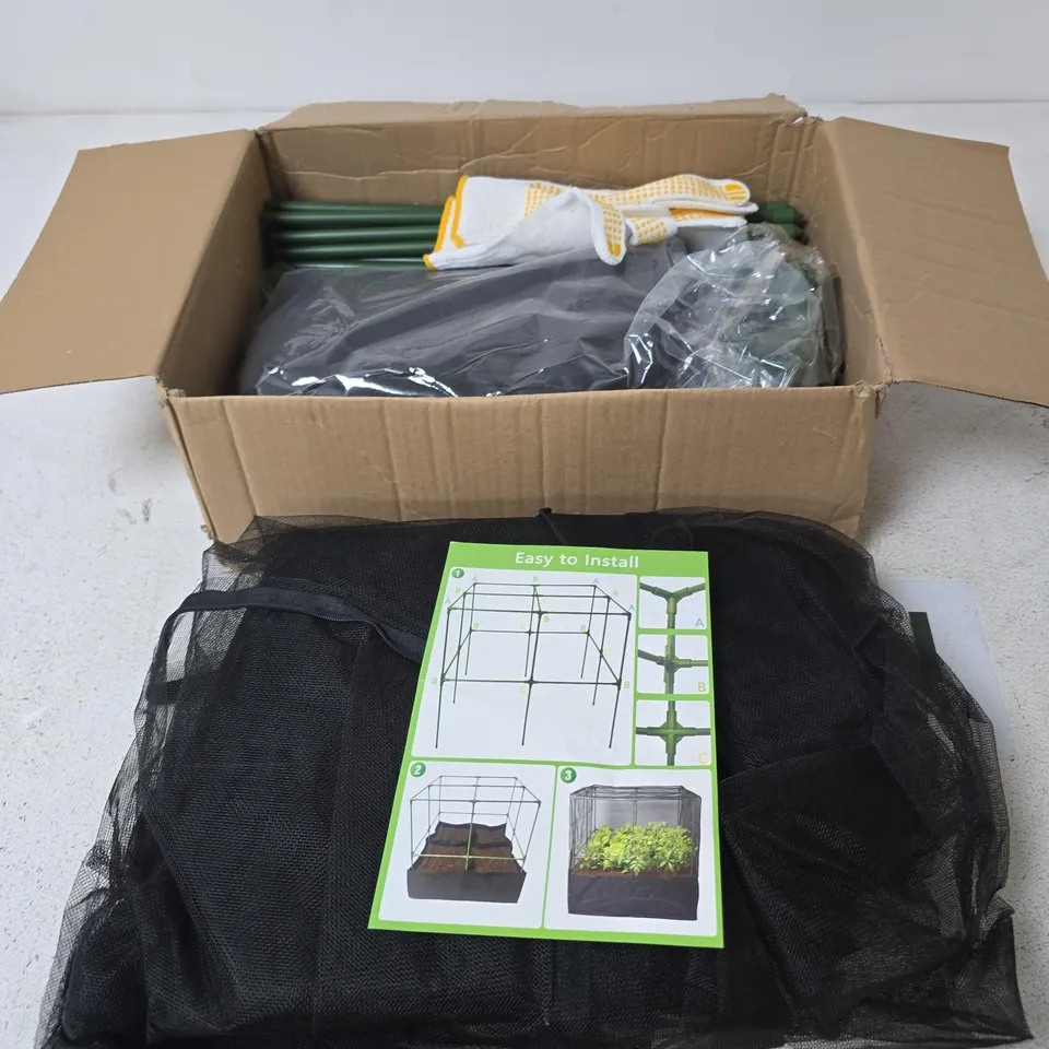 GARDEN STRUCTURE KIT FOR GROWING VEGETABLES WITH GREEN METAL FRAME AND MESH COVER – BOXED