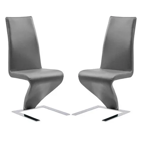 BRAND NEW BOXED SET OF 2 DEMI Z FAUX LEATHER DINING CHAIRS IN GREY WITH CHROME FEET (1 BOX)