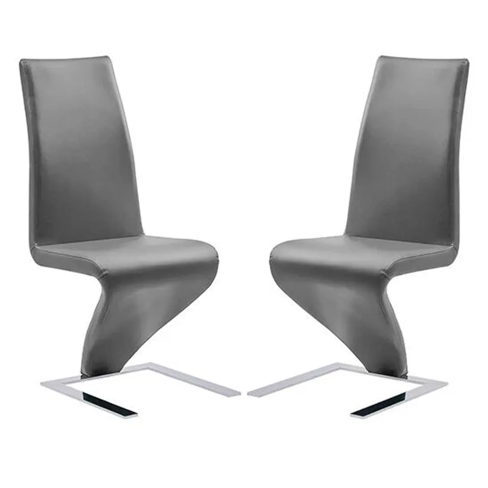 BRAND NEW BOXED SET OF 2 DEMI Z FAUX LEATHER DINING CHAIRS IN GREY WITH CHROME FEET (1 BOX)