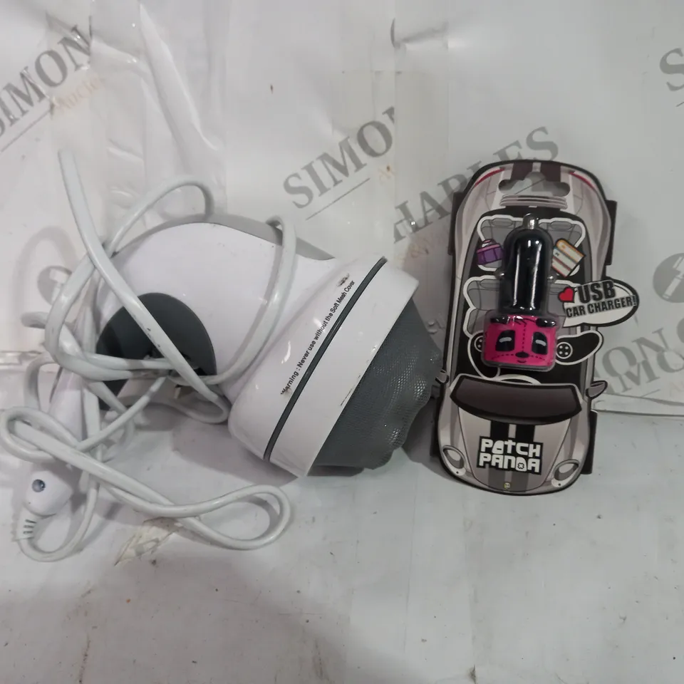 BOX OF APPROX 5 ASSORTED ITEMS TO INCLUDE - PATCH PANDA USB CHARGER FOR CAR - HOMEDICS HANDHELD SHIATSU MASSAGER 