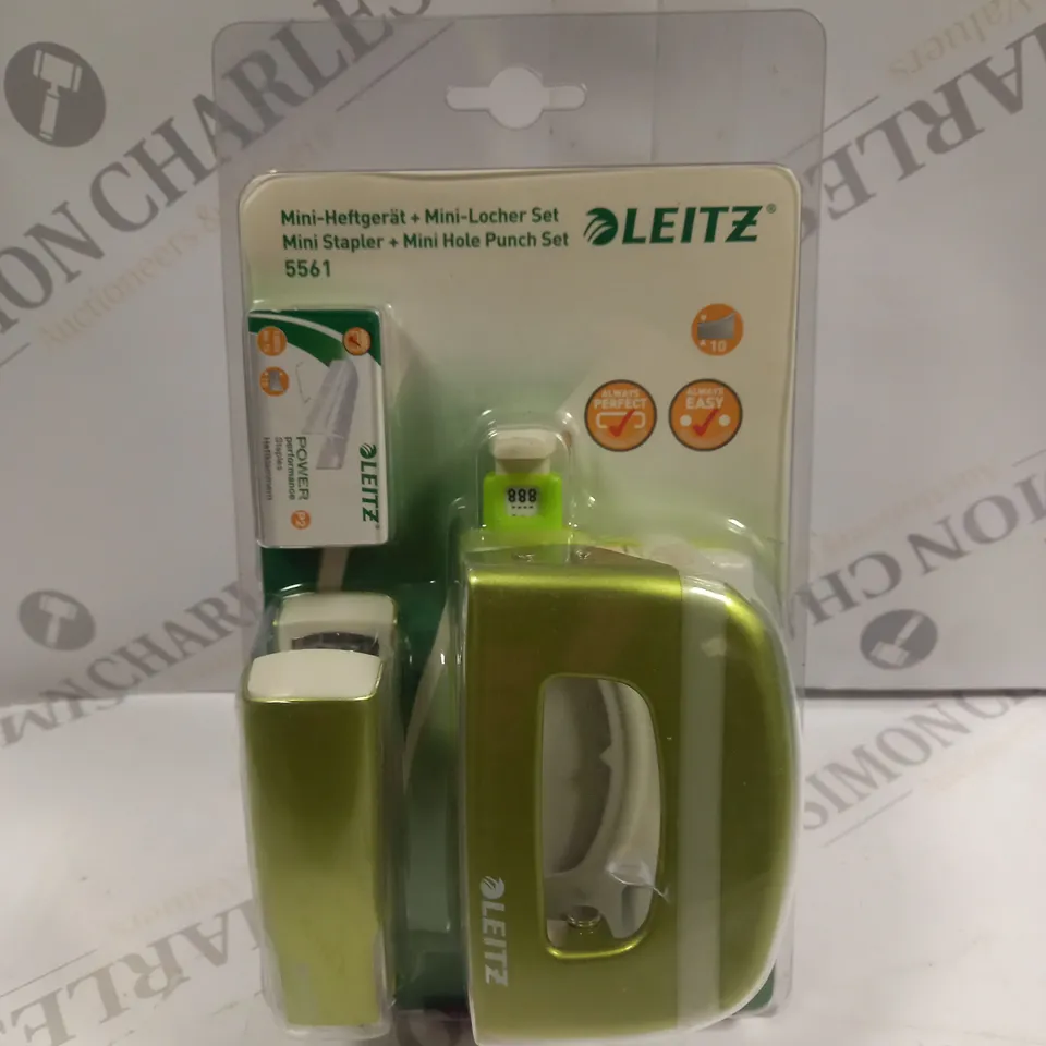 LEITZ MINI STAPLER & HOLE PUNCH SET IN GREEN