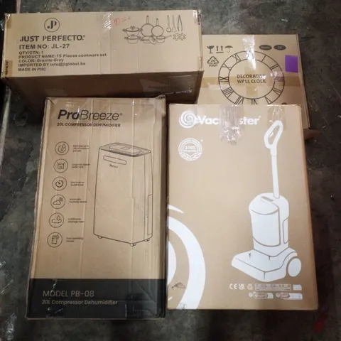 PALLET CONTAINING ASSORTED PRODUCTS INCLUDING 20L COMPRESSOR DEHUMIDIFIER, VACMASTER, DECORATIVE WALL CLOCK, 15 PIECE COOKWARE SET & SELFIE STICK