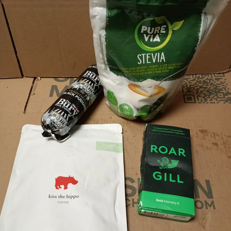 APPROXIMATELY 7 ASSORTED FOOD/DRINK PRODUCTS TO INCLUDE KISS THE HIPPO COFFEE, BLACK PUDDING, STEVIA ETC 