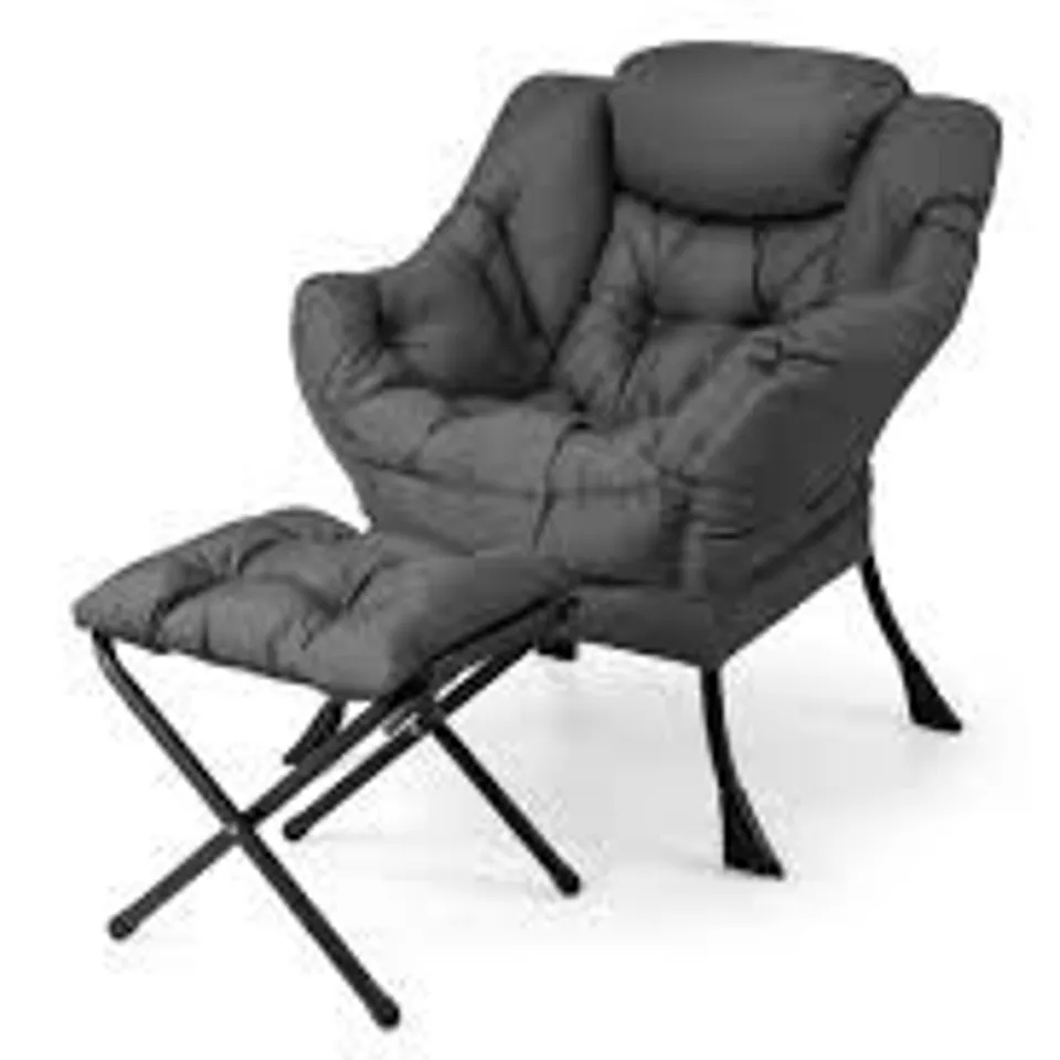 BOXED LAZY SOFA CHAIR ACCENT LEISURE ARMCHAIR WITH FOLDING FOOTREST - GREY