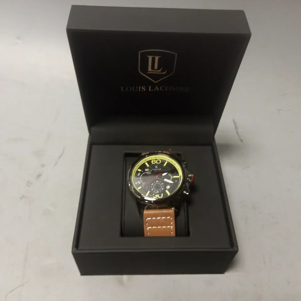 MENS LOUIS LACOMBE CHRONGRAPH WATCH – 3 SUB DIALS – BLACK CASE – LEATHER STRAP