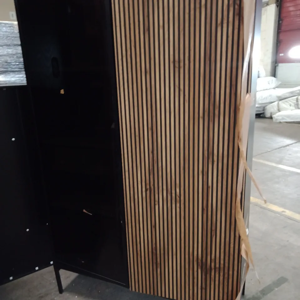 FREESTANDING CABINET WITH STRIPED WOOD FRONT PANEL