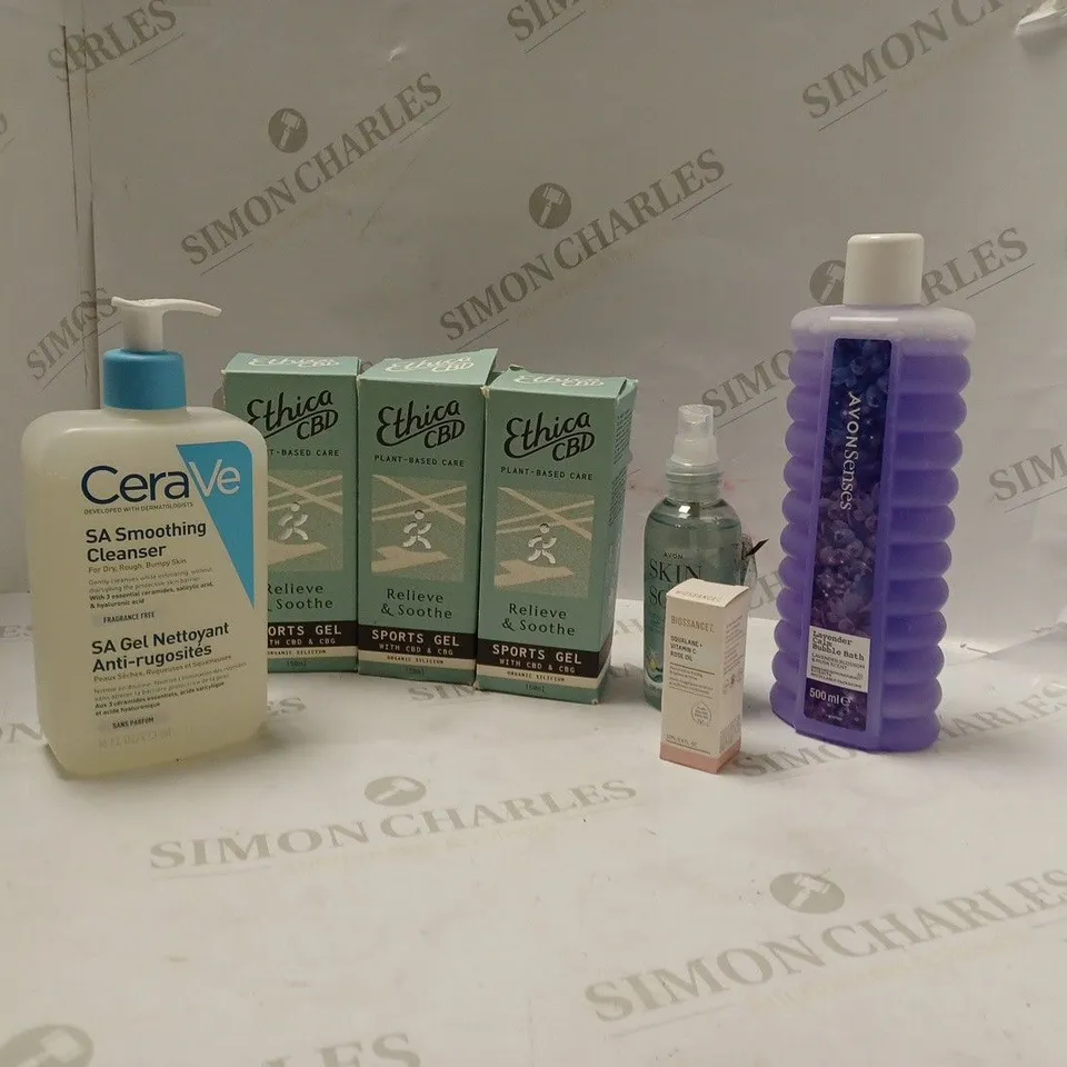 BOXED ASSORTED BEAUTY PRODUCTS INCLUDING ETHICA SPORTS GEL,, CERAVE SMOOTHING CLEANSER AND AVON ORIGINAL DRY OIL SPRAY