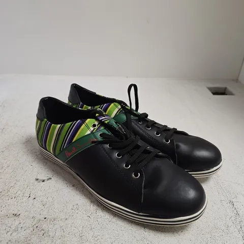 PAUL SMITH LEATHER SHOES – BLACK WITH MULTICOLOUR STRIPE PANEL - SIZE UNSPECIFIED 