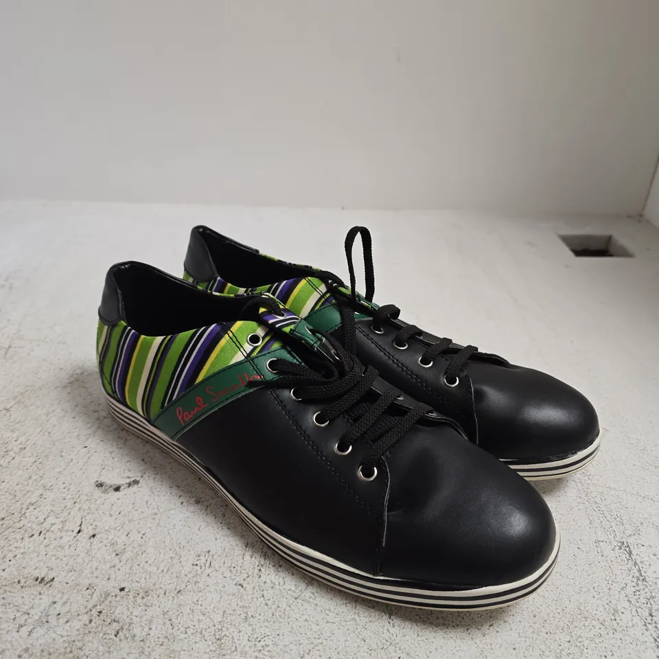 PAUL SMITH LEATHER SHOES – BLACK WITH MULTICOLOUR STRIPE PANEL - SIZE UNSPECIFIED 