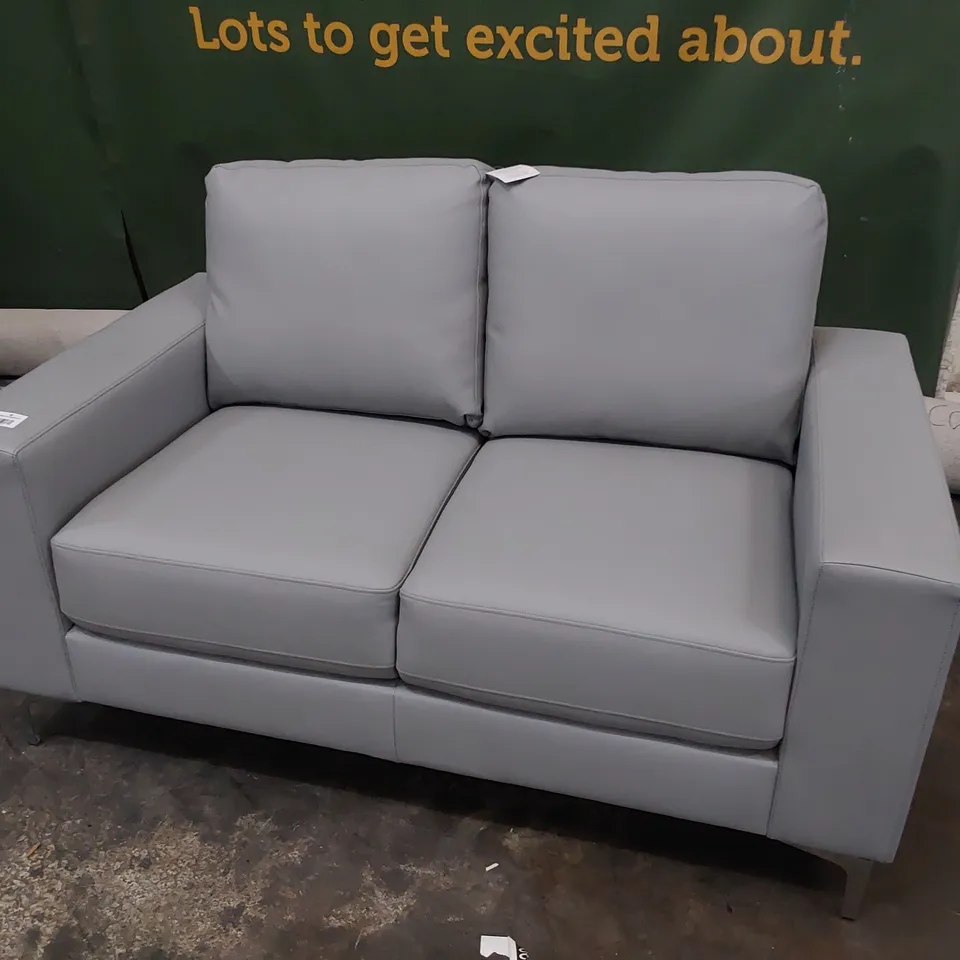 DESIGNER TWO SEATER SOFA LIGHT GREY LEATHER 