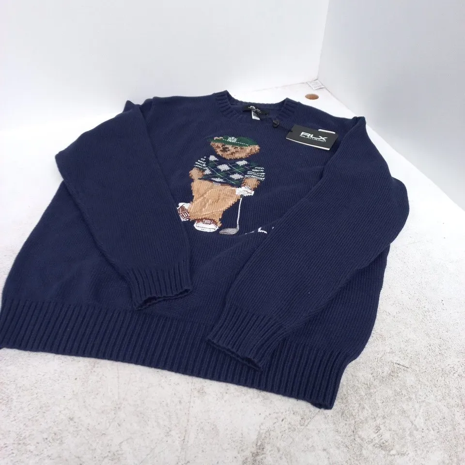 RALPH LAUREN RLX KNIT SWEATER – NAVY, BEAR GOLF GRAPHIC, MEN’S UK SIZE L