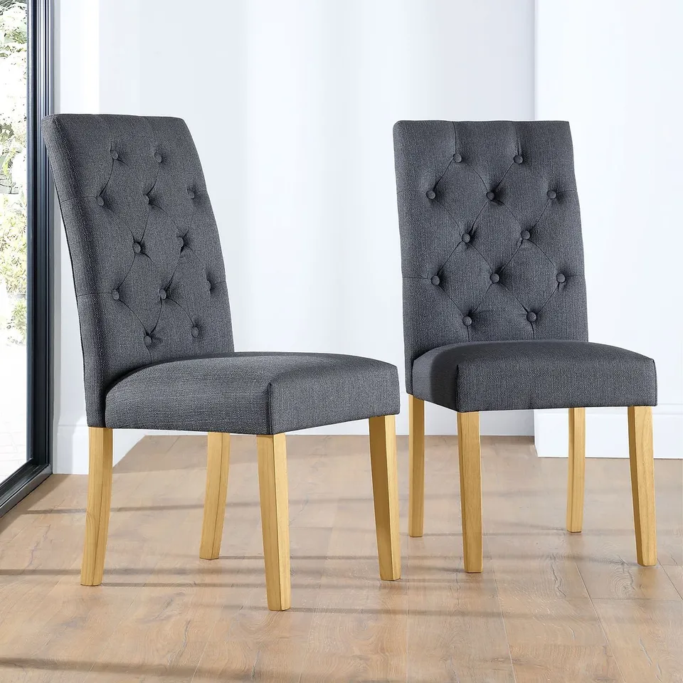 BOXED HATFIELD FABRIC BUTTON BACK DINING CHAIR, SLATE FABRIC AND OAK LEGS (1 BOX)