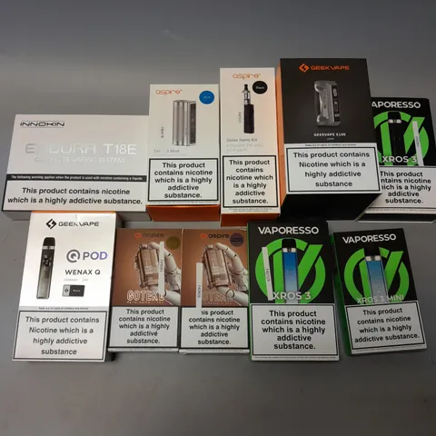 APPROXIMATELY 10 ASSORTED E-CIGS & VAPES TO INCLUDE VAPORESO XROS 3, GEEKVAPE S100, INNOKIN ENDURA T18E, ETC