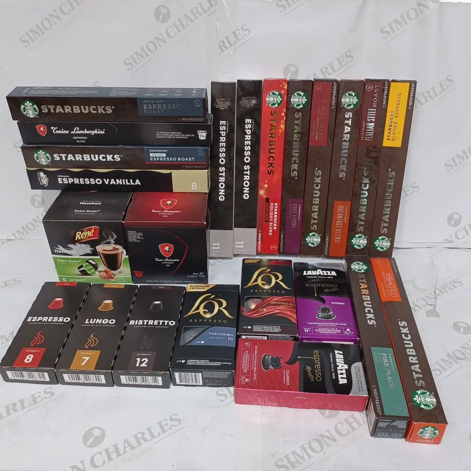 LOT TO CONTAIN APPROX. 22 X ASSORTED PACKS OF COFFEE PODS FOR COFFEE MACHINE. BRANDS & FLAVOURS VARY 