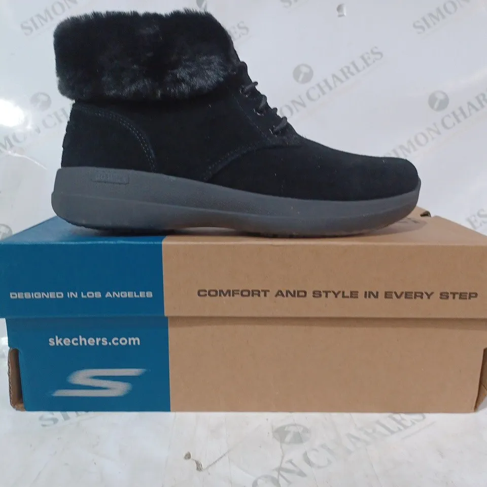 BOXED SKECHERS GO WALK STABILITY SUEDE BOOTS, BLACK - SIZE 5