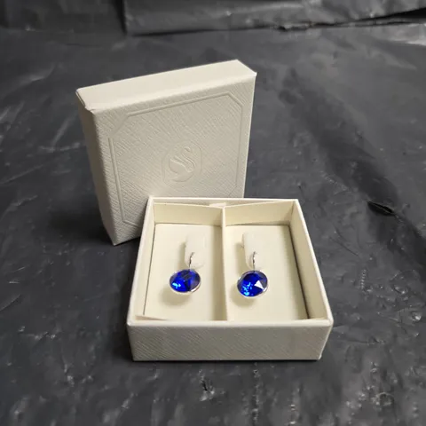 SWAROVSKI BLUE CRYSTAL DROP EARRINGS IN WHITE PRESENTATION BOX