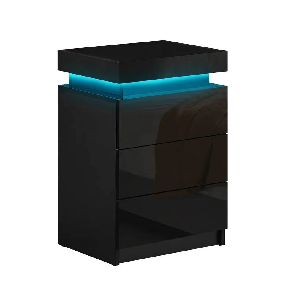 BOXED KUMAR LED LIGHT BEDSIDE TABLE IN BLACK [3 DRAWERS]