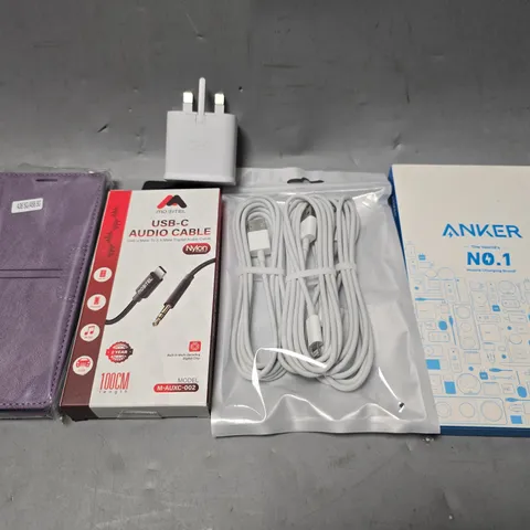 APPROXIMATELY 8 ASSORTED ITEMS TO INCLUDE - USB TO LIGHTNING CABLE , USB-C TO AUDIO CABLE , PHONE CASES ETC