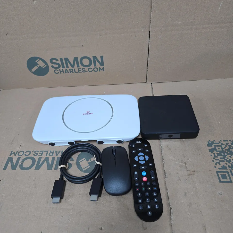 TOTE OF APPROXIMATELY 15 ASSORTED HOUSEHOLD ITEMS TO INCLUDE ROUTERS, REMOTE CONTROL, MOUSE, CABLES ETC