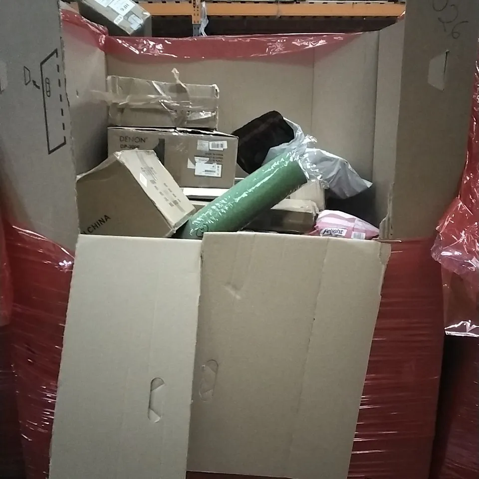 PALLET OF HOUSEHOLD ITEMS TO INCLUDE BALANCE BIKE, CAT LITTER, MOSQUITO NET, SANDER AND OTHER ASSORTED ITEMS...