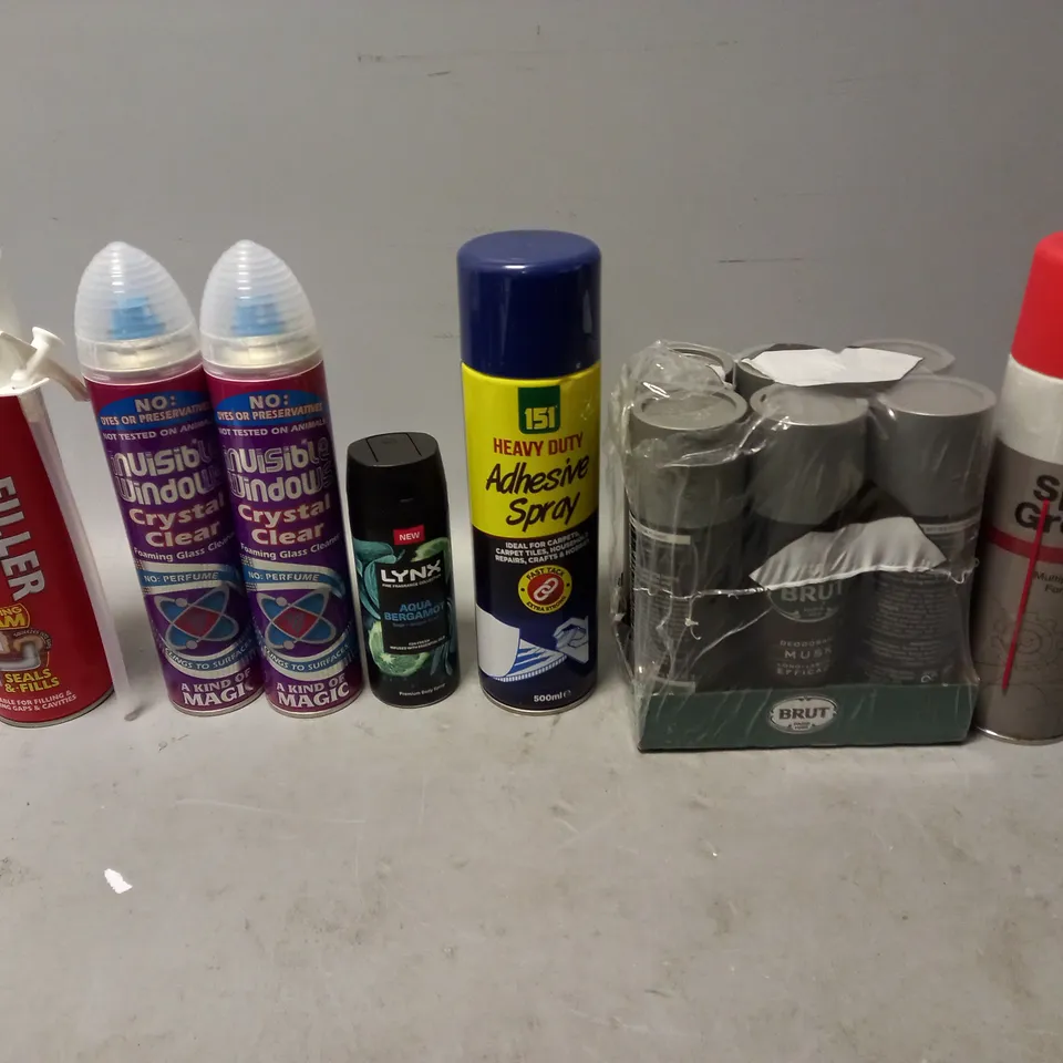 APPROXIMATELY 15 ASSORTED AEROSOLS TO INCLUDE SPRAY GREASE, ADHESIVE SPRAY, AND BRUT DEODRANT MUSK ETC. 