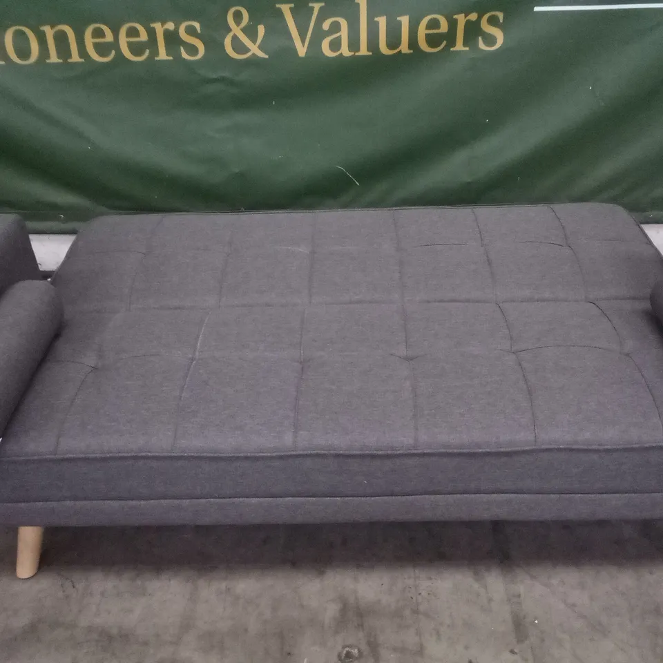 DESIGNER GREY FABRIC CLICK CLACK SOFABED WITH SQUARE PANEL DETAIL