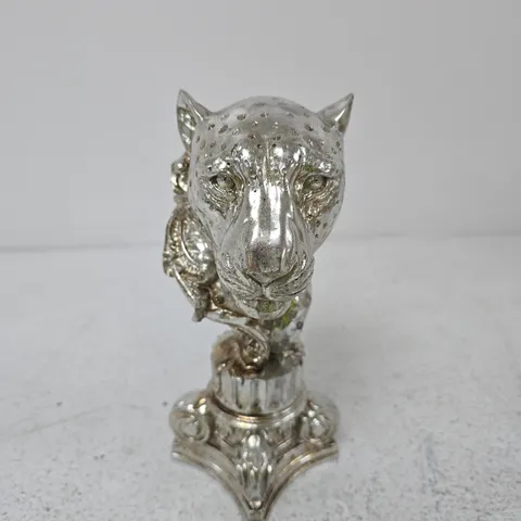 SILVER-TONE TIGER HEAD FIGURINE ON ORNATE PEDESTAL