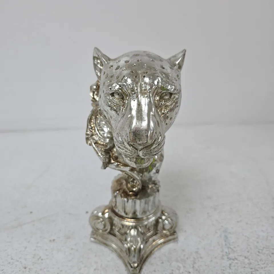 SILVER-TONE TIGER HEAD FIGURINE ON ORNATE PEDESTAL