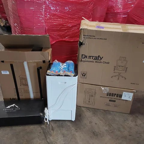 PALLET OF ASSORTED CONSUMER PRODUCTS TO INCLUDE; ELECTRIC PRESSURE WASHER, ELECTRIC AIR COOLER, ERGONOMIC OFFICE CHAIR, ELECTRIC FIREPLACE, PORTABLE BATH TUB ECT