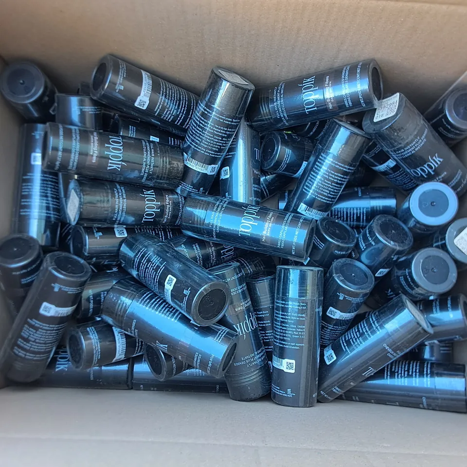 LOT OF APPROXIMATELY 55 27.5G TUBS OF TOPPIK DARK BROWN HAIR BUILDING FIBRES