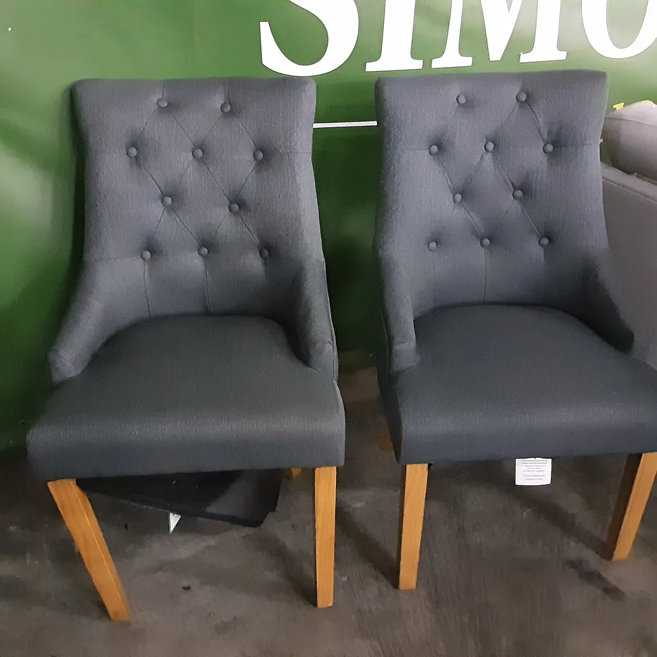 DESIGNER PAIR OF DARK GREY FABRIC DINING CHAIRS