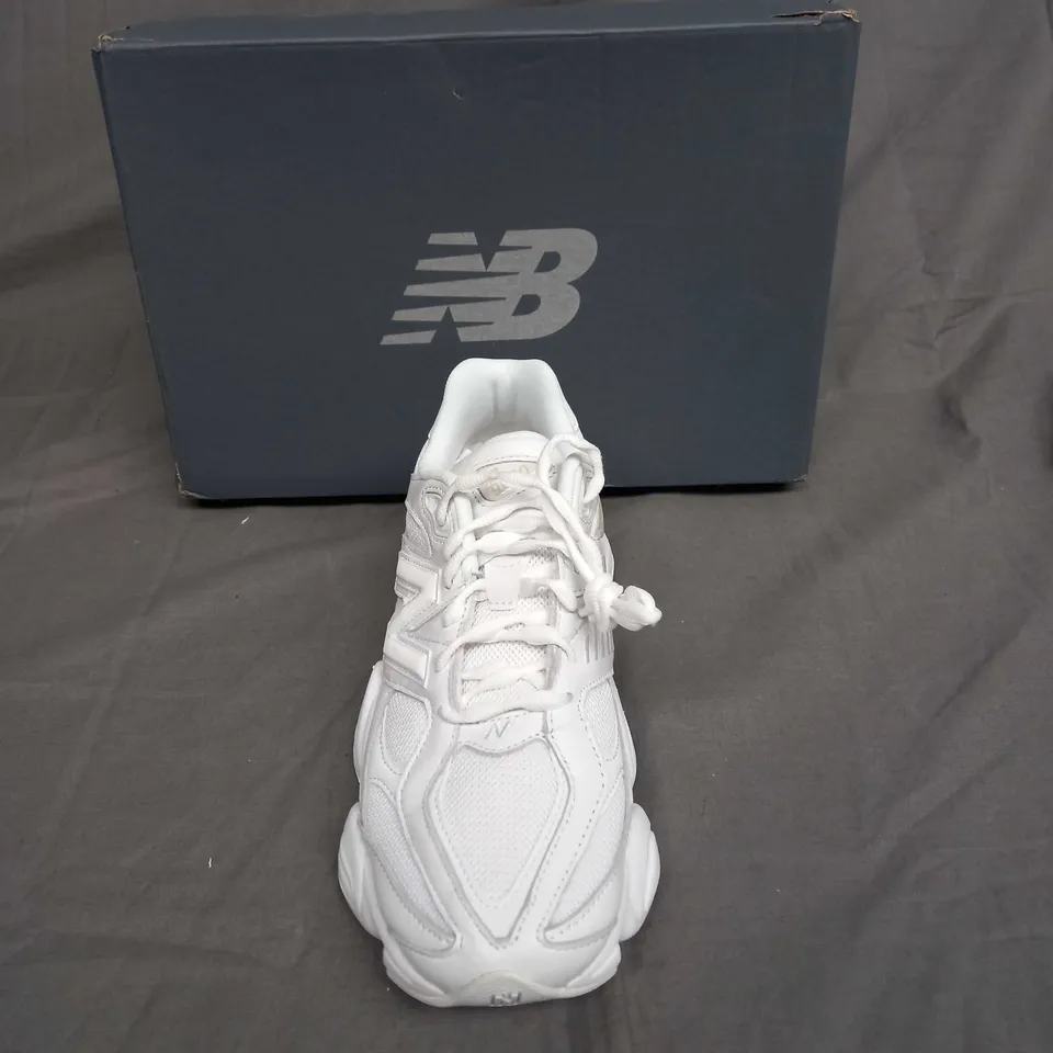 BOXED PAIR OF NEW BALANCES 9060 ALL WHITE SIZE UK 8