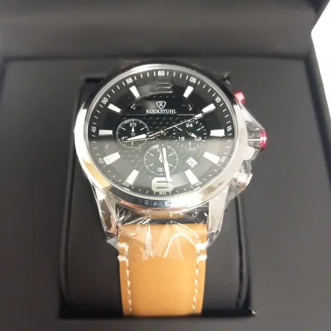 BOXED MENβS RUCKSTUHL CHRONOGRAPH WATCH β MODEL R120 β BLACK MULTI-FUNCTION DIAL β BROWN GENUINE LEATHER STRAP β 3ATM WATER RESISTANT