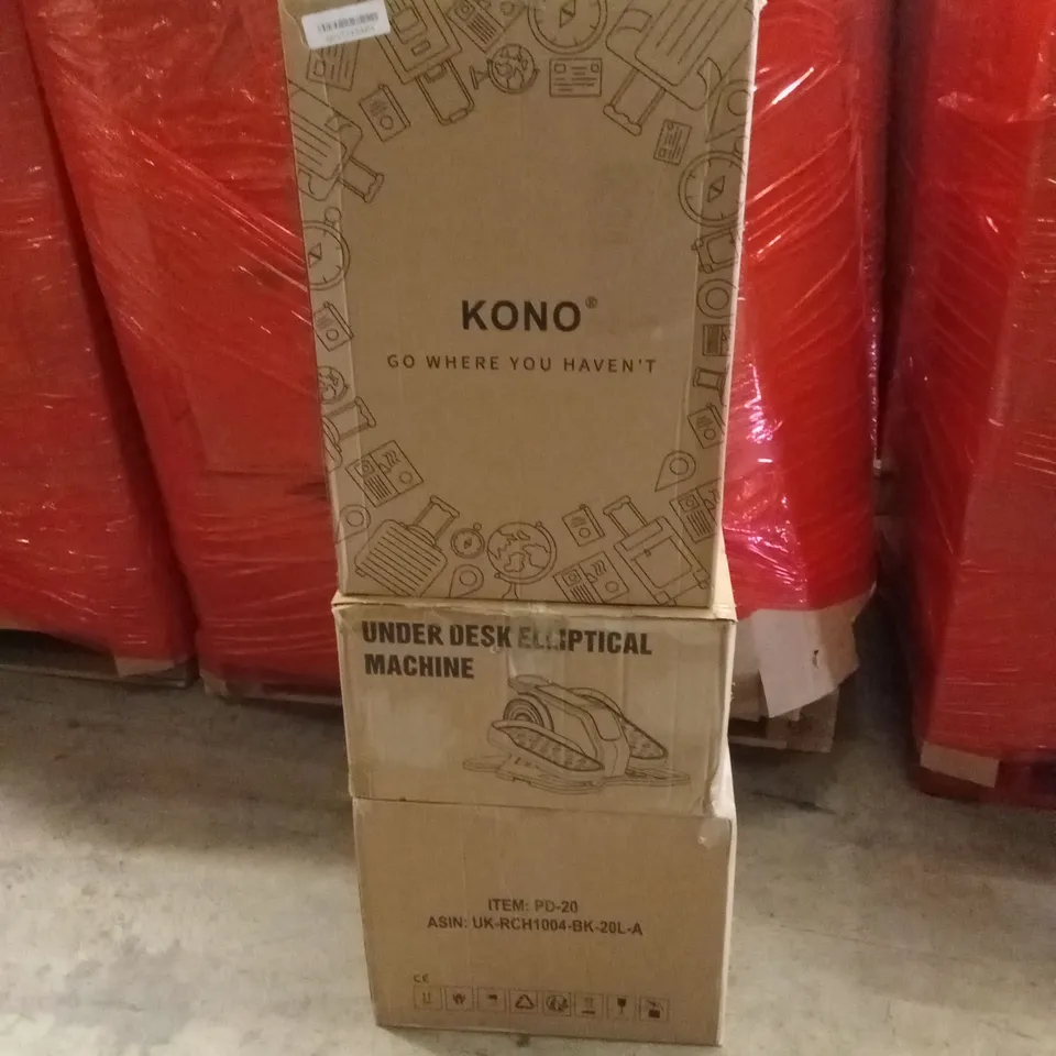 PALLET OF ASSORTED HOUSEHOLD GOODS AND PRODUCTS TO INCLUDE; FOLDING HANGING CHAIR, SUITCASE, UNDER DESK ELLIPTICAL MACHINE ETC