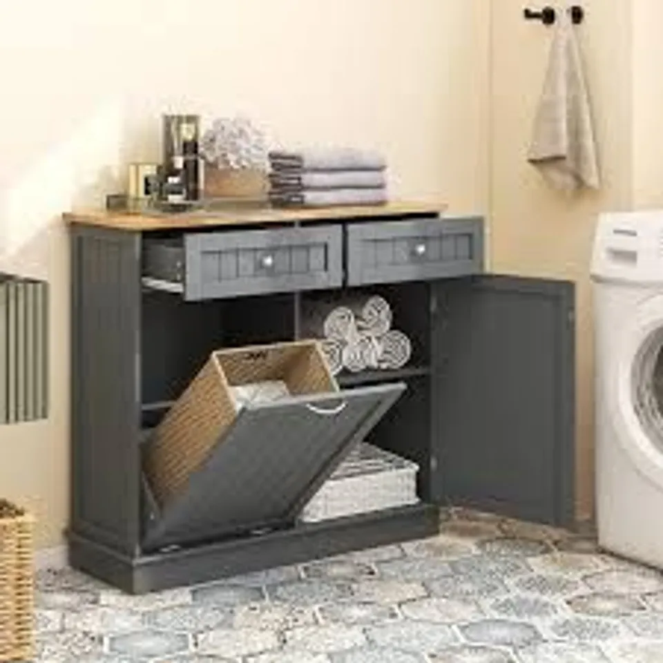 BOXED COSTWAY KITCHEN CABINET W/TRASH BIN DRAWERS - GREY