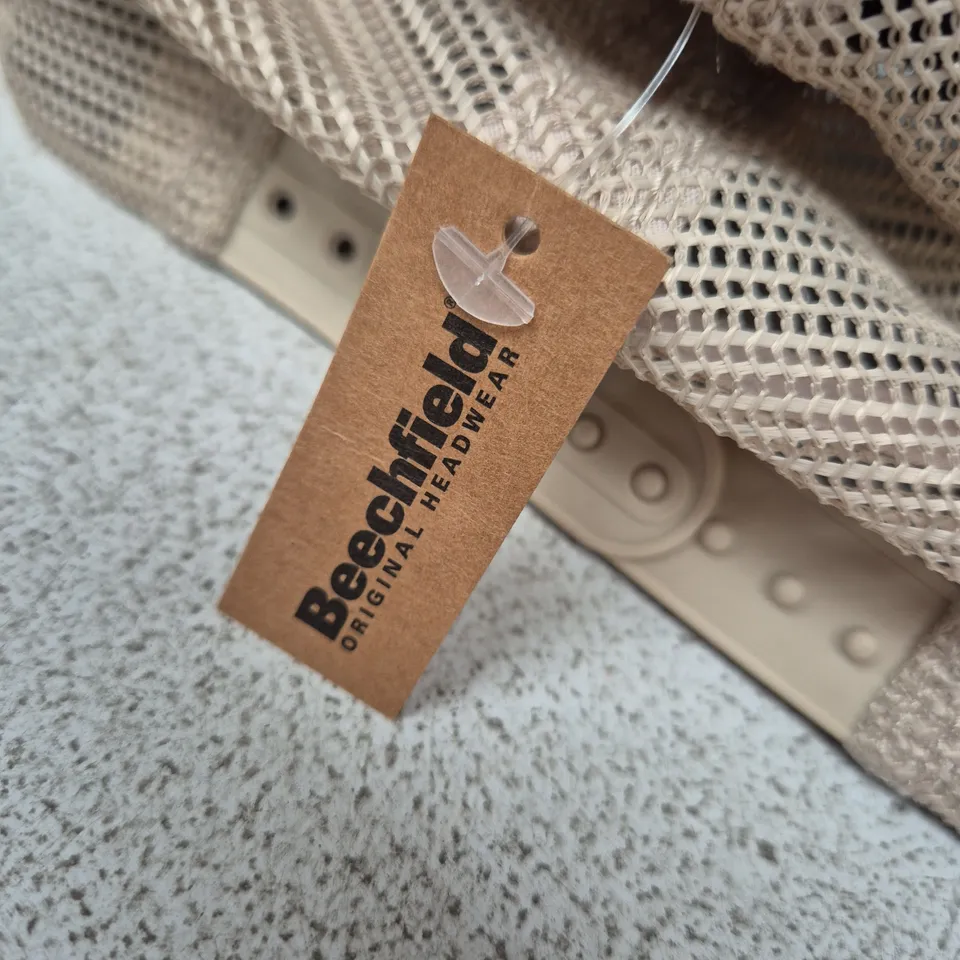 BEECHFIELD ORIGINAL HEADWEAR CAP WITH TROPICAL PATCH – DARK DENIM FRONT, BEIGE MESH BACK.