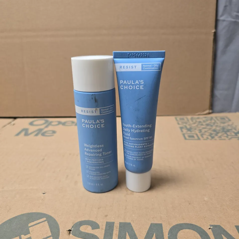 2 X PAULAS CHOICE PRODUCTS TO INCLUDE WEIGHTLESS ADVANCE REPAIRING TONER ETC