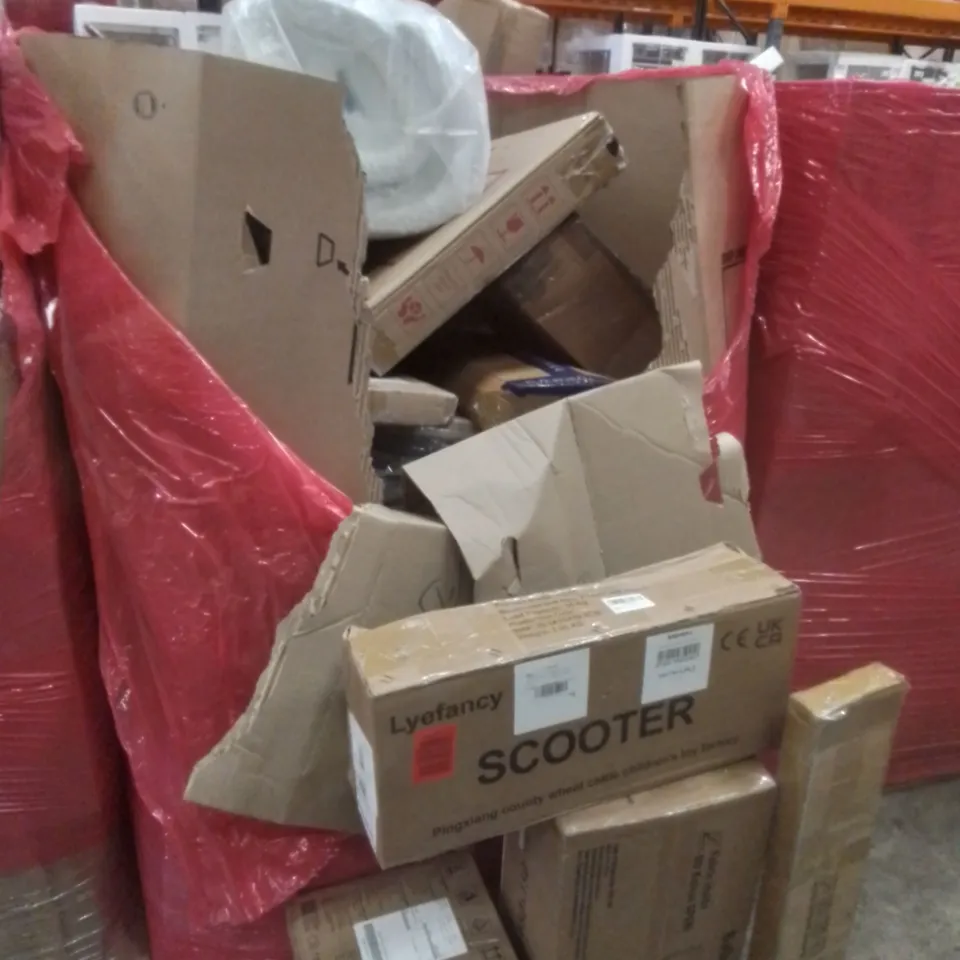 PALLET OF ASSORTED HOUSEHOLD GOODS AND FURNITURE TO INCLUDE; RADIENT CEILING HEATER, BABY PLAYPEN, LYEFANCY SCOOTER ETC 