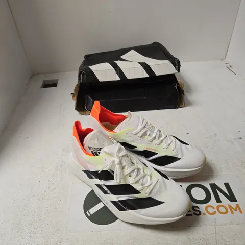 ADIDAS RUNNING SHOES β WHITE WITH BLACK THREE-STRIPES, NEON ORANGE INTERIOR (UK 10)