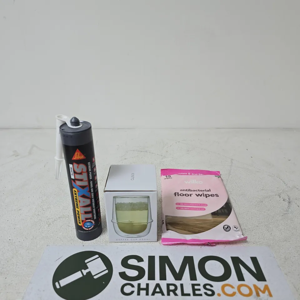 APPROXIMATELY 15 ASSORTED HOUSEHOLD PRODUCTS TO INCLUDE ANTIBACTERIAL FLOOR WIPES, 250ML COFFEE CUP AND STIXALL EXTREME POWER