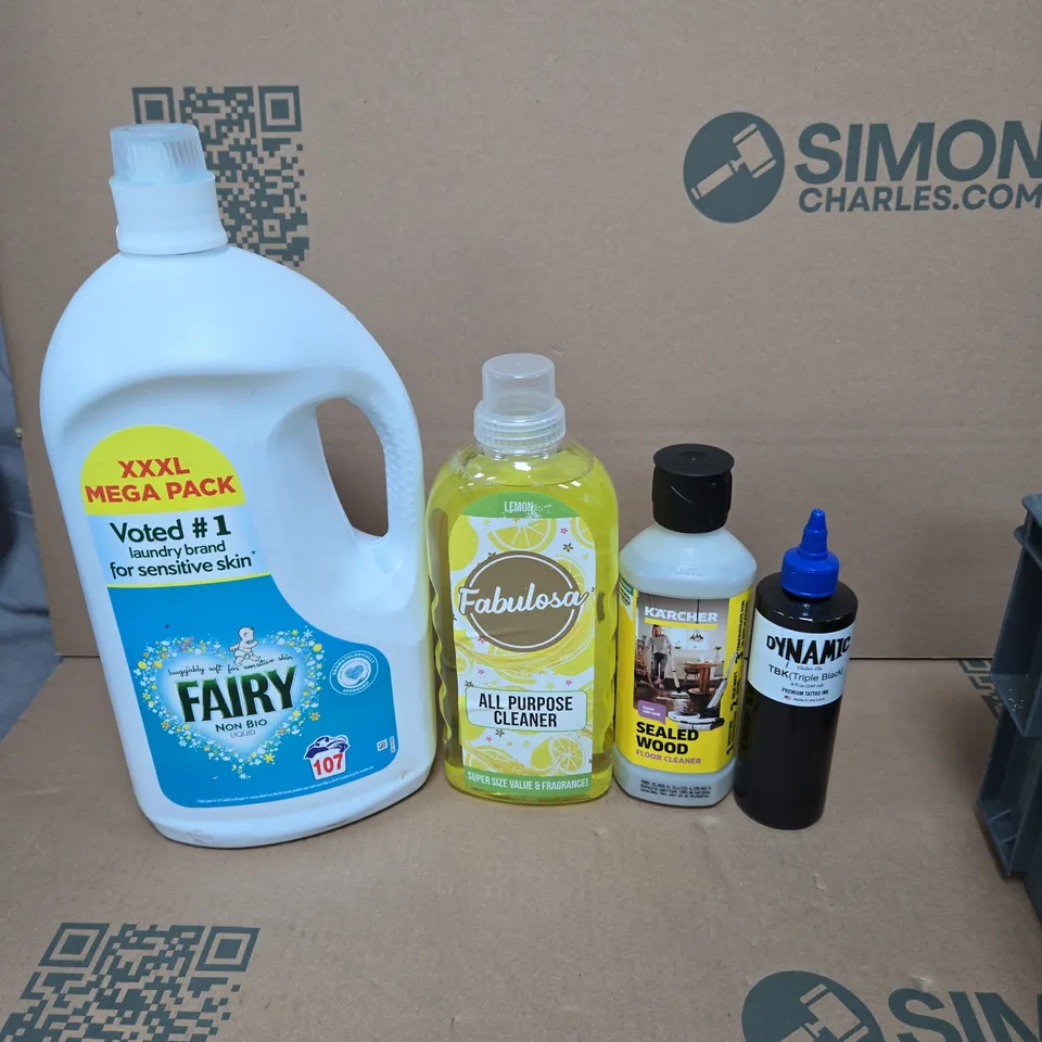 APPROXIMATELY 7 HOUSEHOLD LIQUIDS TO INCLUDE FAIRY NON BIO LIQUID, FABULOSA ALL PURPOSE CLEANER AND KARCHER SEALED WOOD FLOOR CLEANER