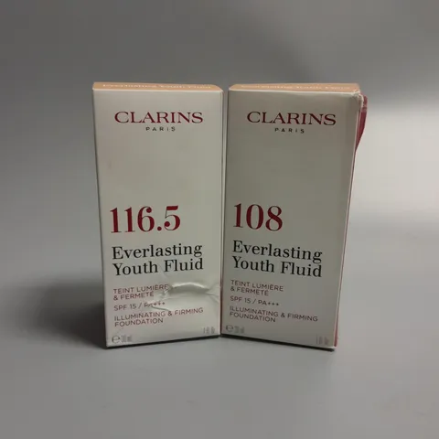 2 BOXED CLARINS YOUTH EVERLASTING YOUTH FLUID ILLUMINATING AND FIRMING FOUNDATION 30ML IN COFFEE AND SAND SHADES