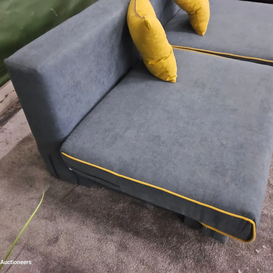 DESIGNER THREE SEATER SOFA WITH STORAGE GREY FABRIC WITH YELLOW PIPING
