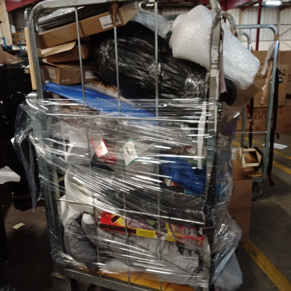 CAGE OF ASSORTED ITEMS TO INCLUDE;EE BOX,CUSHION,ANTI BIRD SPIKES,FAN,CANVAS,BUTTER DISH,ETC