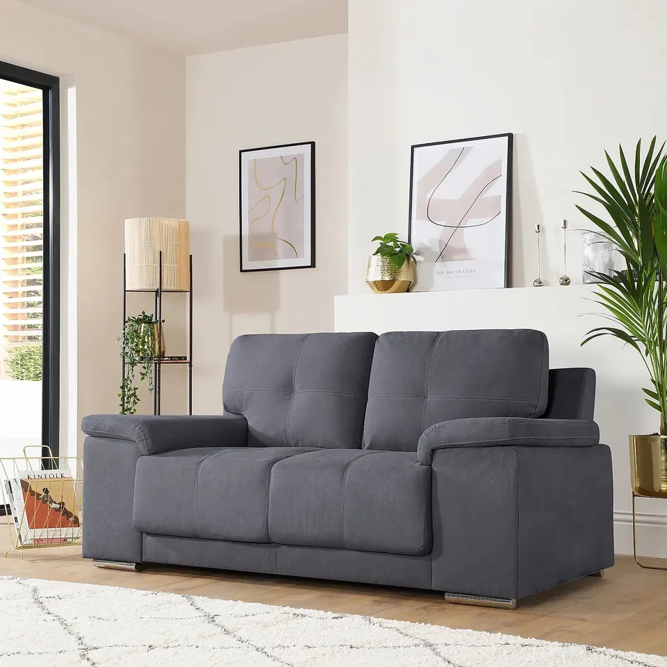 DESIGNER KANSAS SLATE GREY PLUSH FABRIC 2 SEATER SOFA