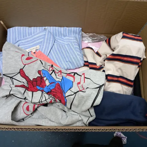 MEDIUM  BOX OF ASSORTED KIDS CLOTHING ITEMS TO INCLUDE BAGS, BABY GROWS AND DRESSES