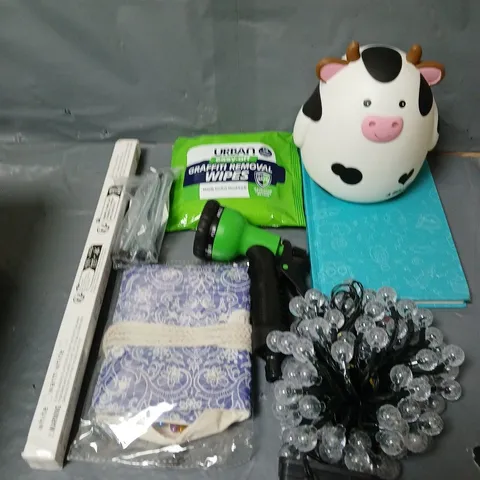 BOX OF ASSORTED HOUSEHOLD ITEMS TO INCLUDE LED LIGHTS, HOSE HEAD AND GRAFFITI WIPES