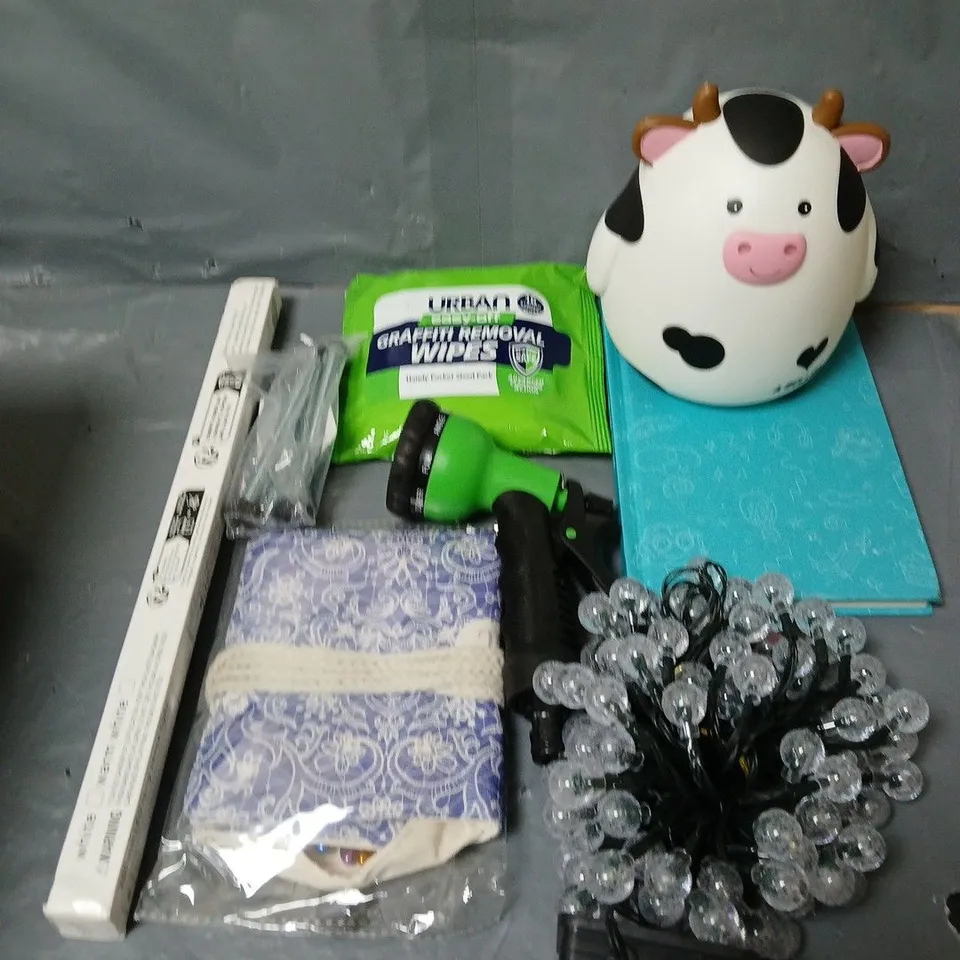 BOX OF ASSORTED HOUSEHOLD ITEMS TO INCLUDE LED LIGHTS, HOSE HEAD AND GRAFFITI WIPES